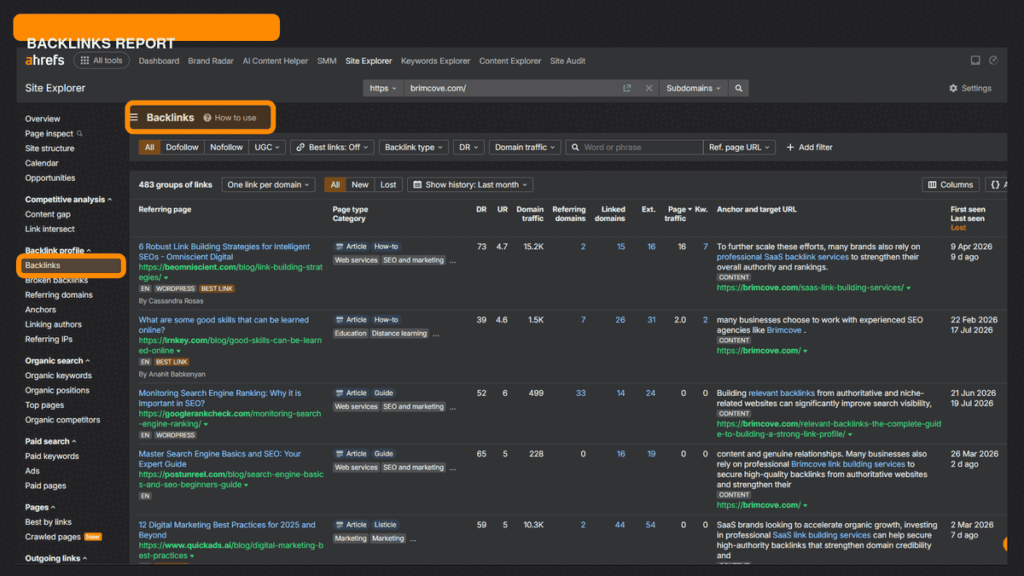 Ahrefs Site Explorer zooming into the Backlinks report showing referring pages and backlink details