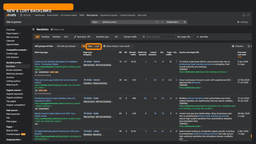 Ahrefs Backlinks report zooming into the New and Lost filters used to monitor backlink changes