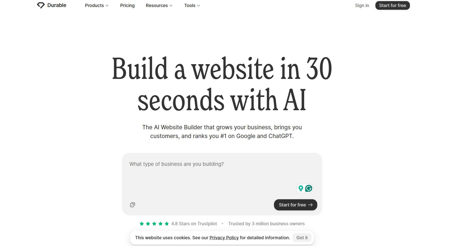 Durable homepage screenshot