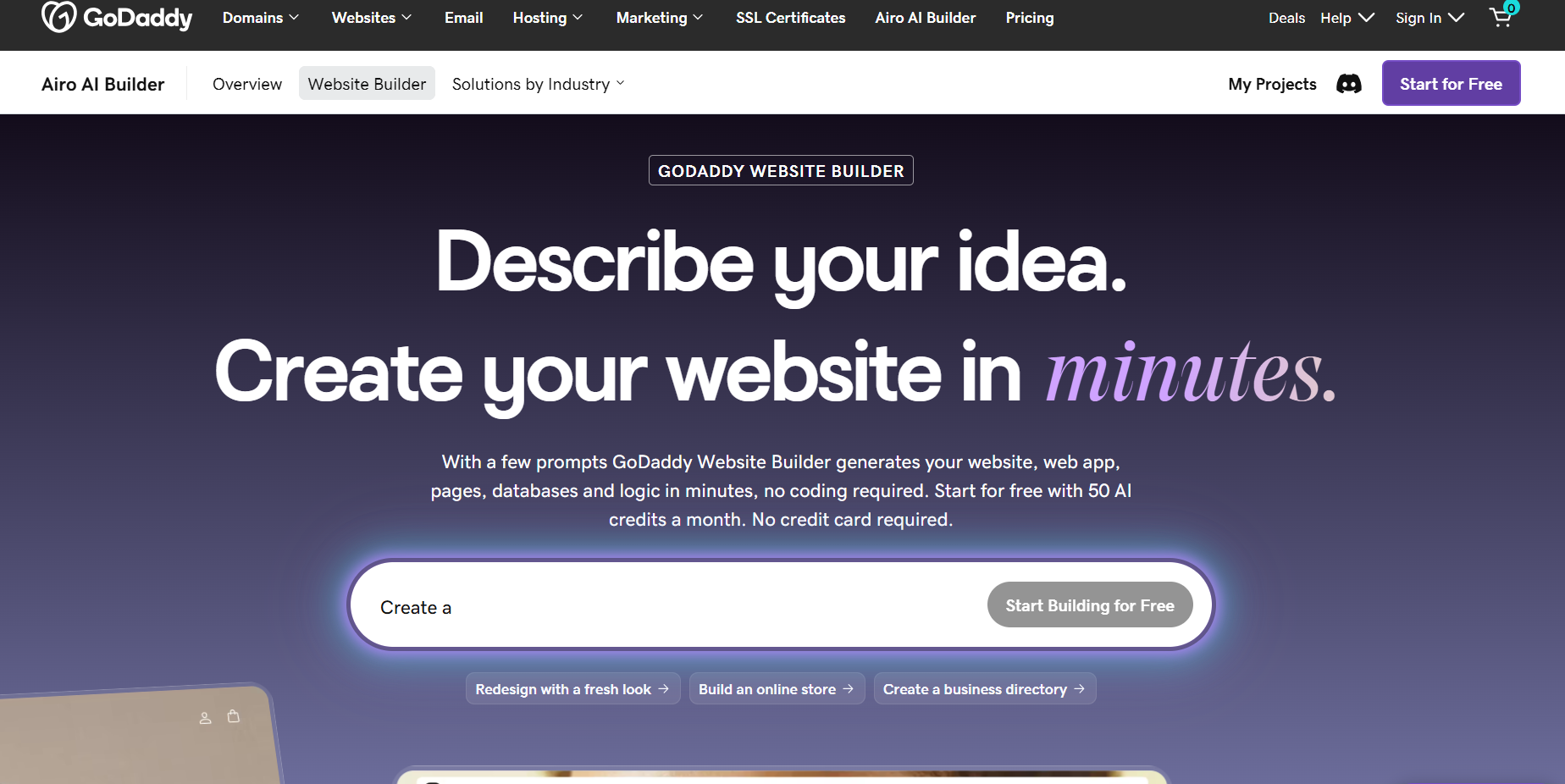 GoDaddy Airo homepage screenshot