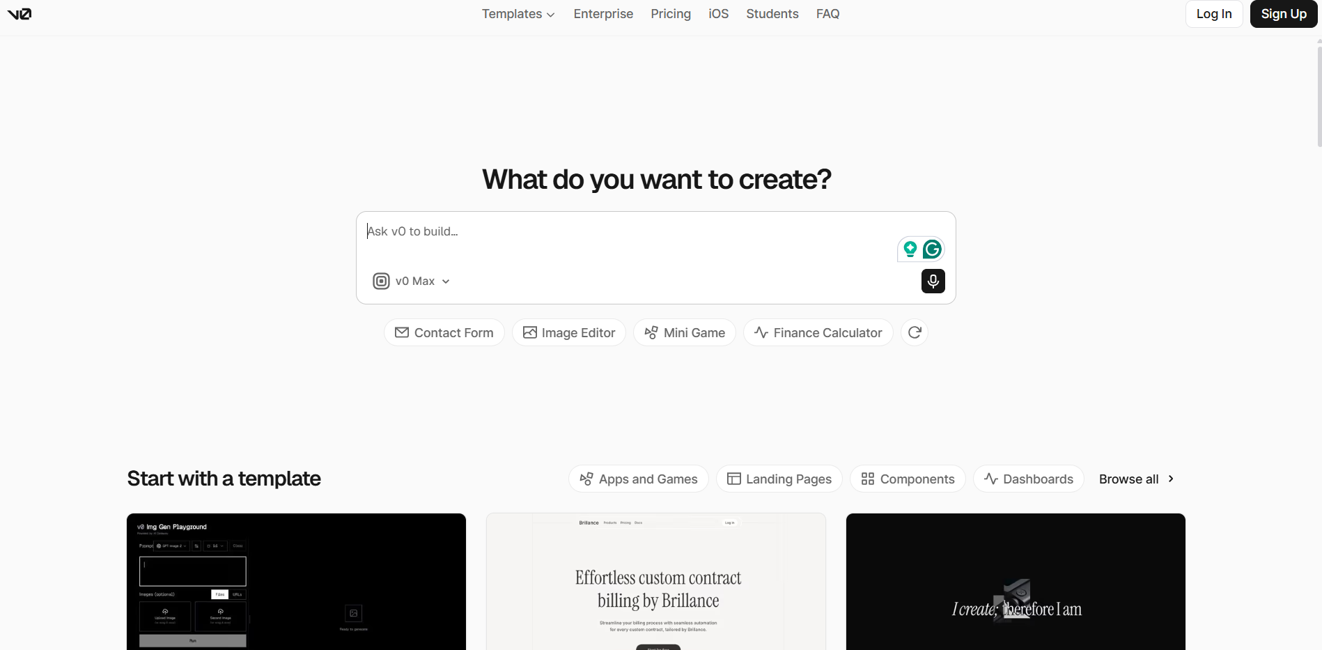 v0 by Vercel homepage screenshot
