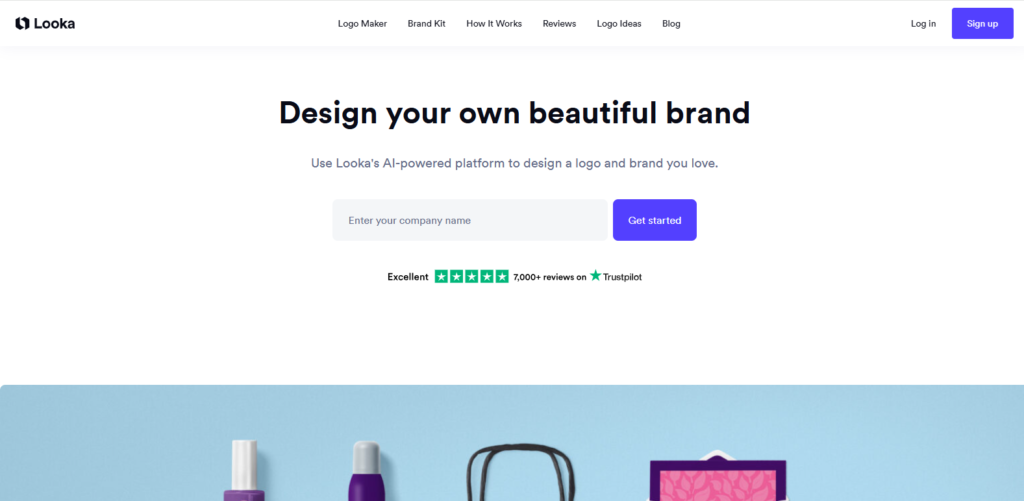 Looka homepage, the best AI logo maker overall, with a company name field to start designing