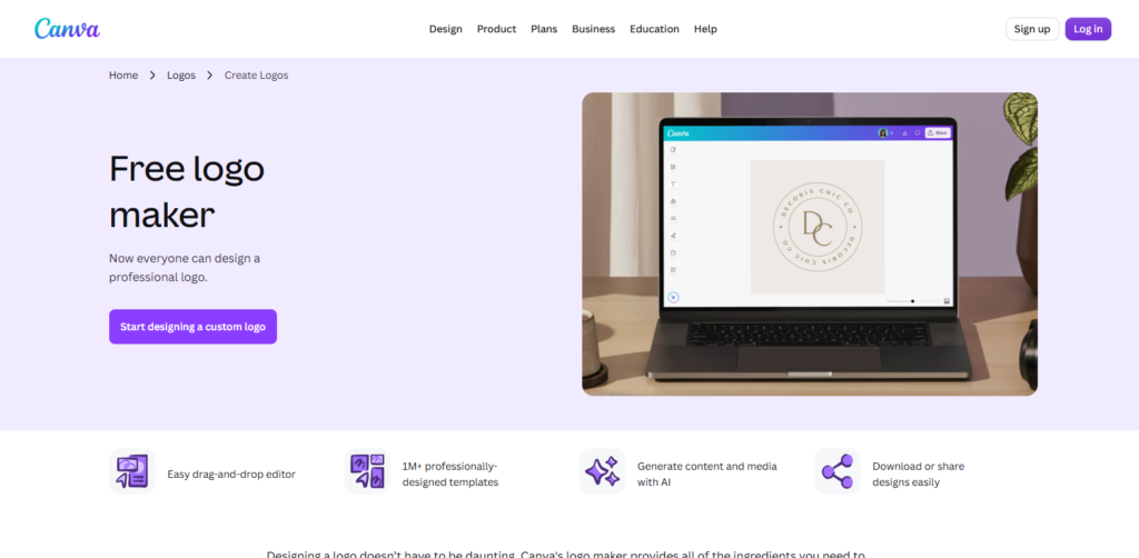 Canva free logo maker page with the logo editor open on a laptop
