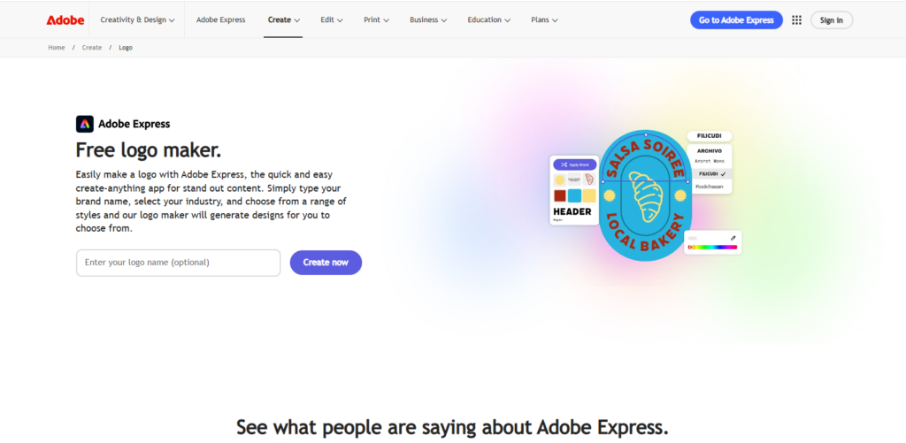 Adobe Express free logo maker with a brand name field and a sample bakery logo being edited