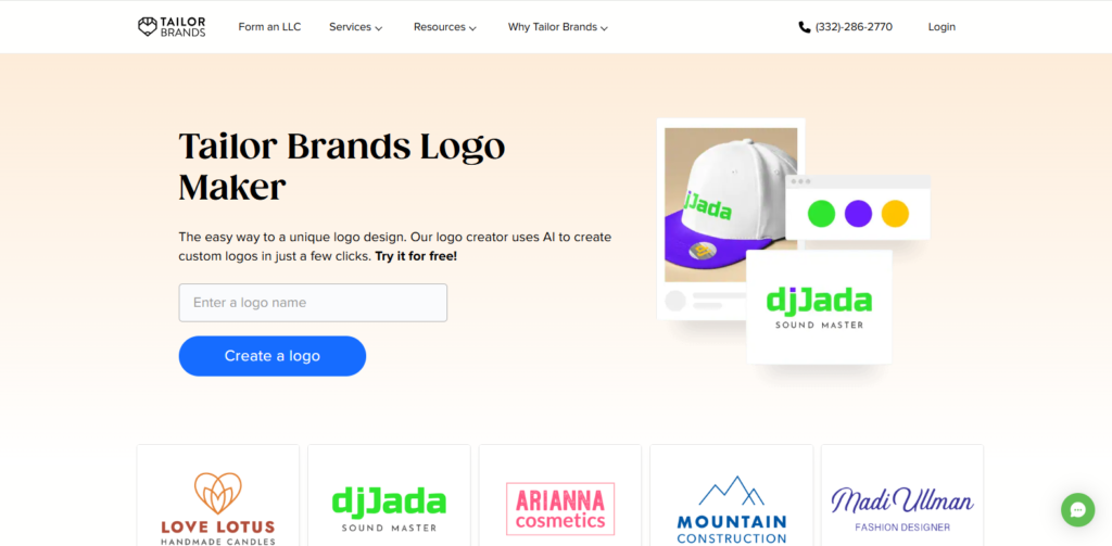 Tailor Brands logo maker page with a logo name field and sample logos on a cap and business card