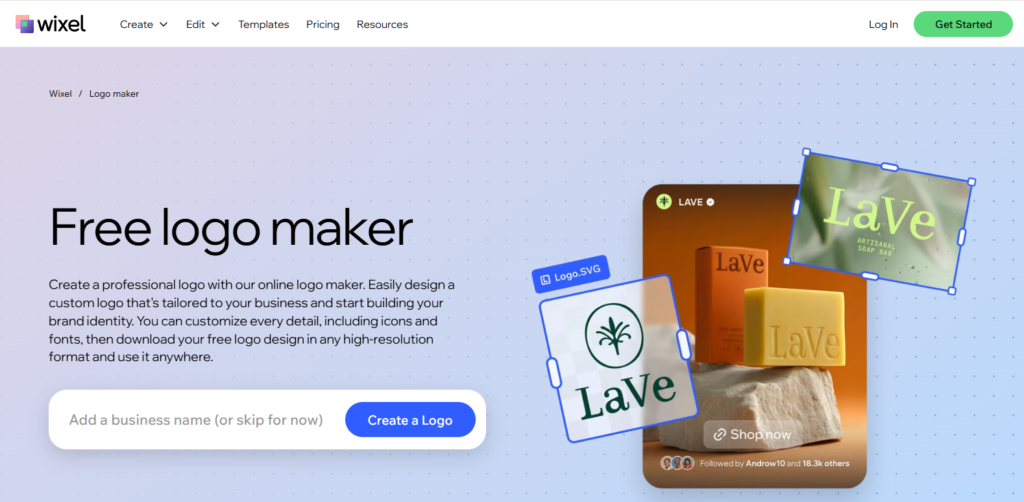 Wixel free logo maker by Wix with a business name field and a sample soap brand logo