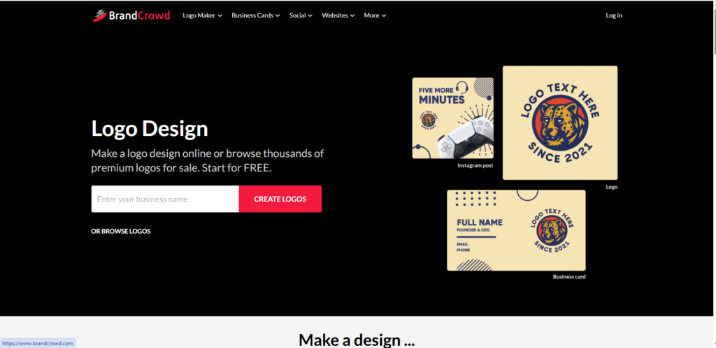 BrandCrowd logo design page with a business name field and one logo shown on an Instagram post and business card