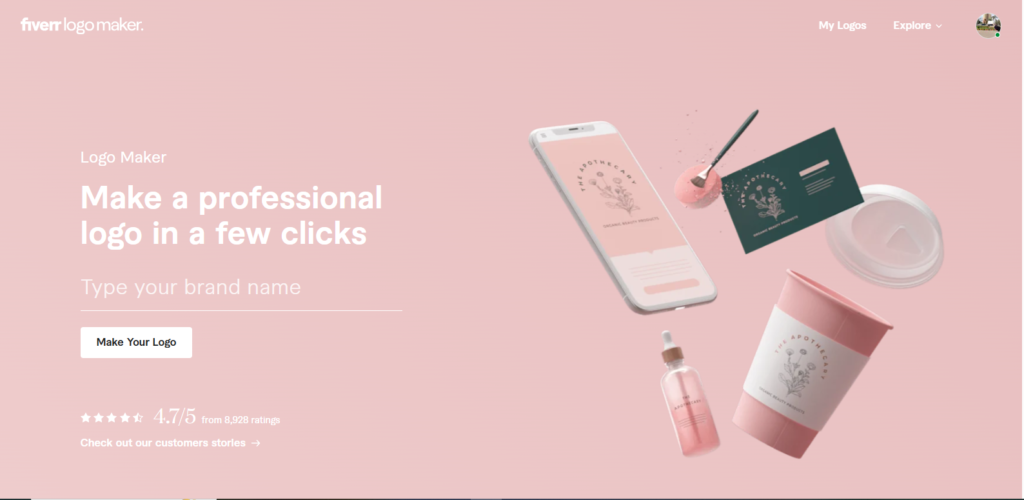 Fiverr Logo Maker page with a brand name field and a sample beauty brand logo on a phone, cup, and business card