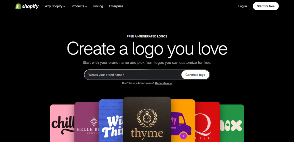 Shopify free AI logo maker with a brand name field and sample logos for different brands