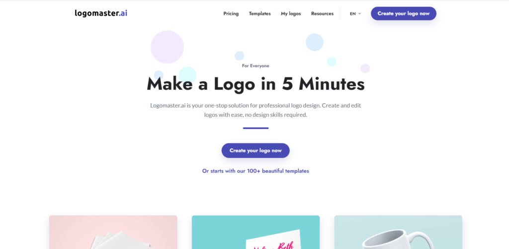 Logomaster.ai logo maker homepage with a Create your logo now button and template option