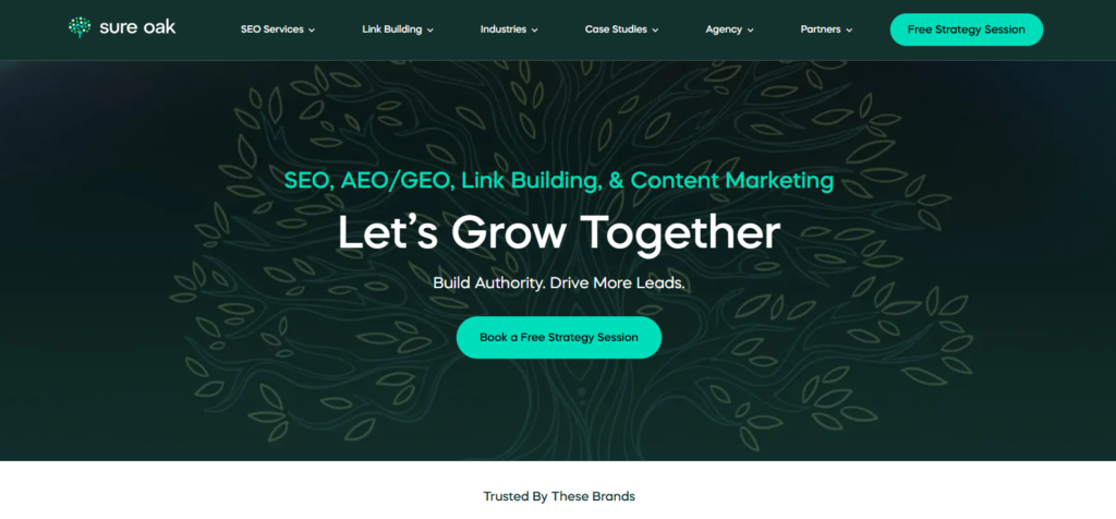 Sure Oak homepage, an SEO and link building agency with a Brooklyn address