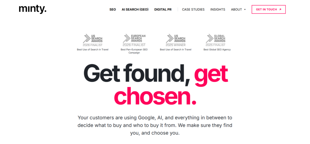 Minty Digital homepage, an SEO and digital PR agency with a New York hub