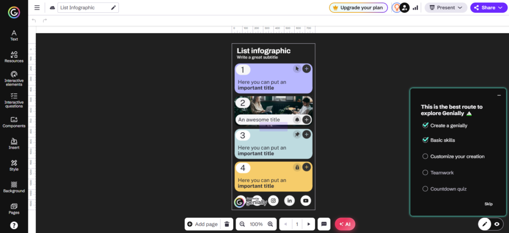 Genially editor with an interactive list infographic template