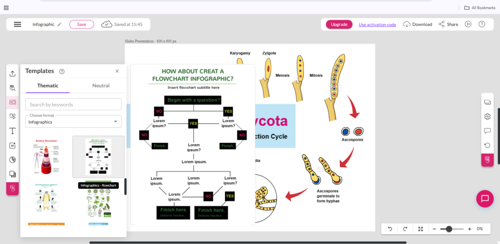 Mind the Graph editor with scientific infographic templates and a flowchart template