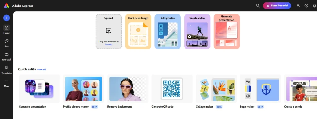 Adobe Express home screen with design, photo, and video creation tools