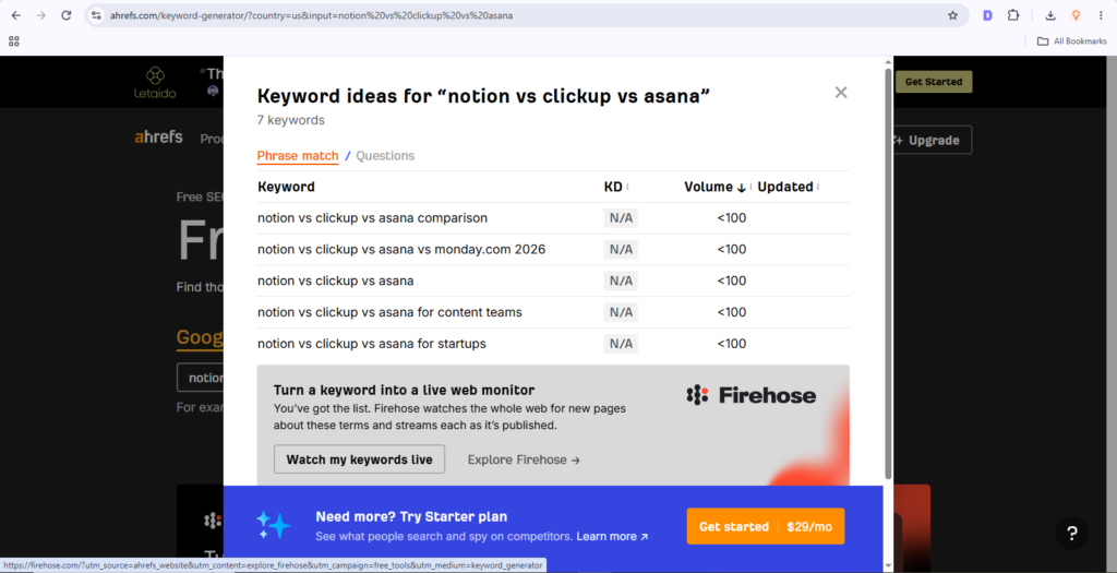 Ahrefs keyword ideas for triple-comparison pages: notion vs clickup vs asana