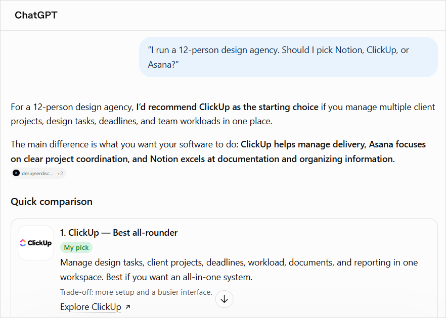 ChatGPT answer comparing Notion, ClickUp, and Asana for a design agency