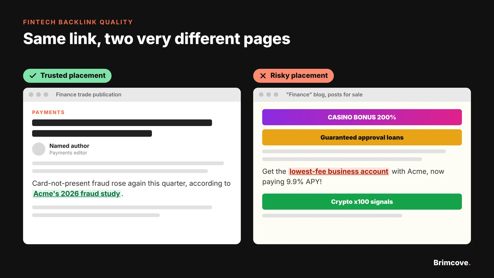 Trusted vs risky placement for a fintech backlink