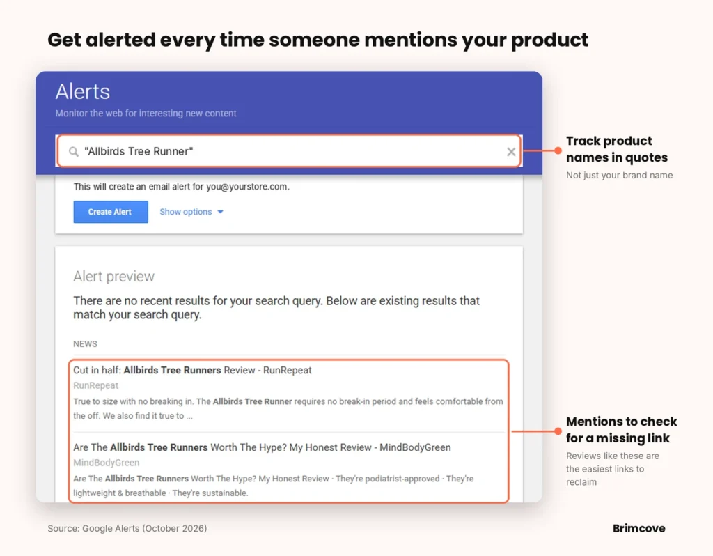 Ecommerce link building with Google Alerts tracking mentions of the Allbirds Tree Runner