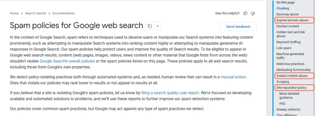 Google spam policies page highlighting expired domain abuse, scaled content abuse, and site reputation abuse
