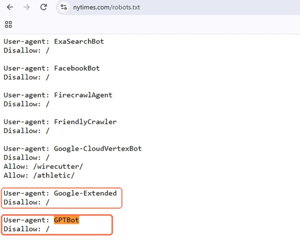 robots.txt file blocking GPTBot and Google-Extended AI crawlers