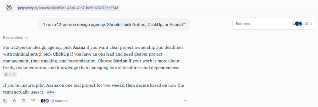Perplexity answer to the Notion, ClickUp, or Asana prompt with 10 cited sources