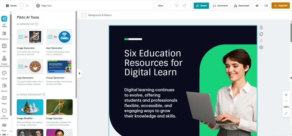 Piktochart editor with Pikto AI tools for generating infographics