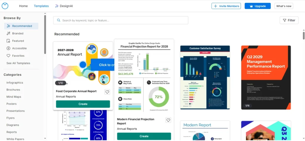 Venngage infographic templates library with business report designs