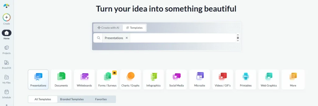 Visme dashboard with AI creation and infographic templates